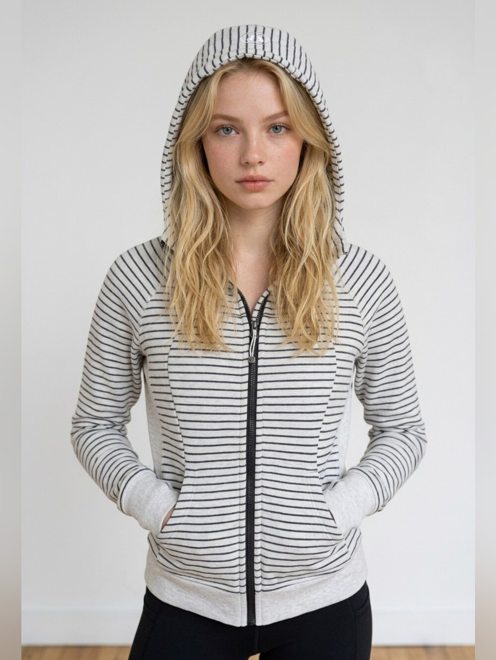 Lululemon Striped Zip-Front Hooded Sweatshirt - Light Gray/Black